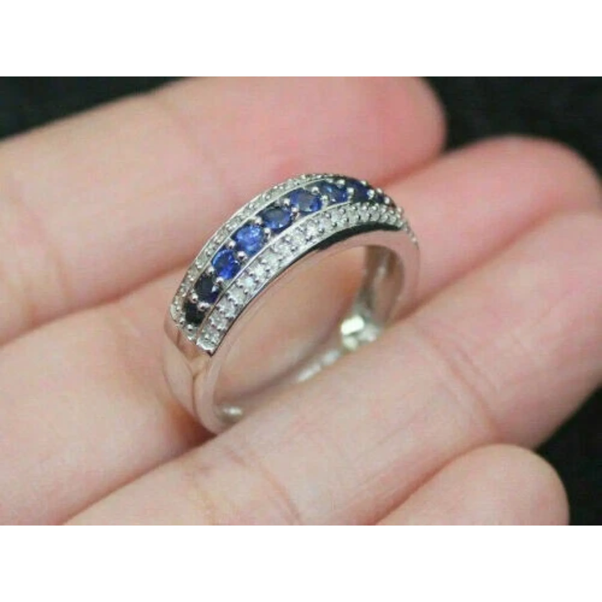 Round Cut Simulated Blue Sapphire Eternity Wedding Ring In 14K White Gold Plated