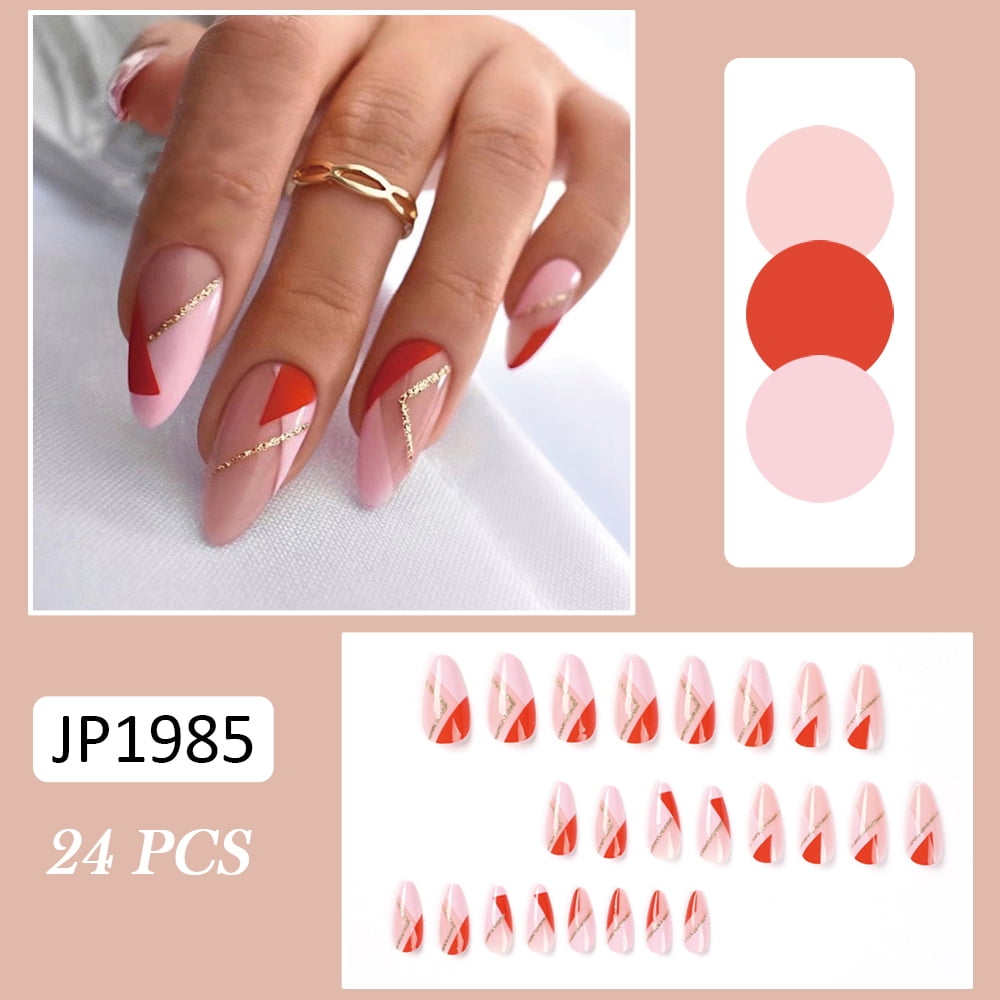Fake Nails with Pink Red Color Matching Golden Line Artificial Nails with  Geometric Pattern Medium-Style Artificial Nails with Water Drop Shape -  