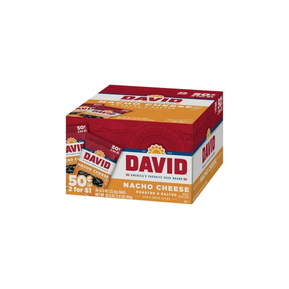 DAVID Nacho Cheese Roasted & Salted Sunflower Seeds, 36 Count Box, 0.8 oz Bags