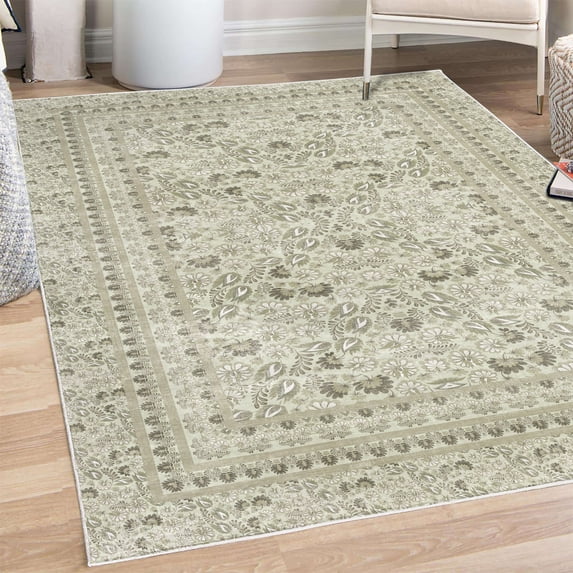 Floral Art Decorative Rug, Pastel Design Bohemian Nature Art of Vintage Leaves and Flowers, Quality Carpet for Bedroom Dorm and Living Room, 6 Sizes, Pale Sage, by Ambesonne