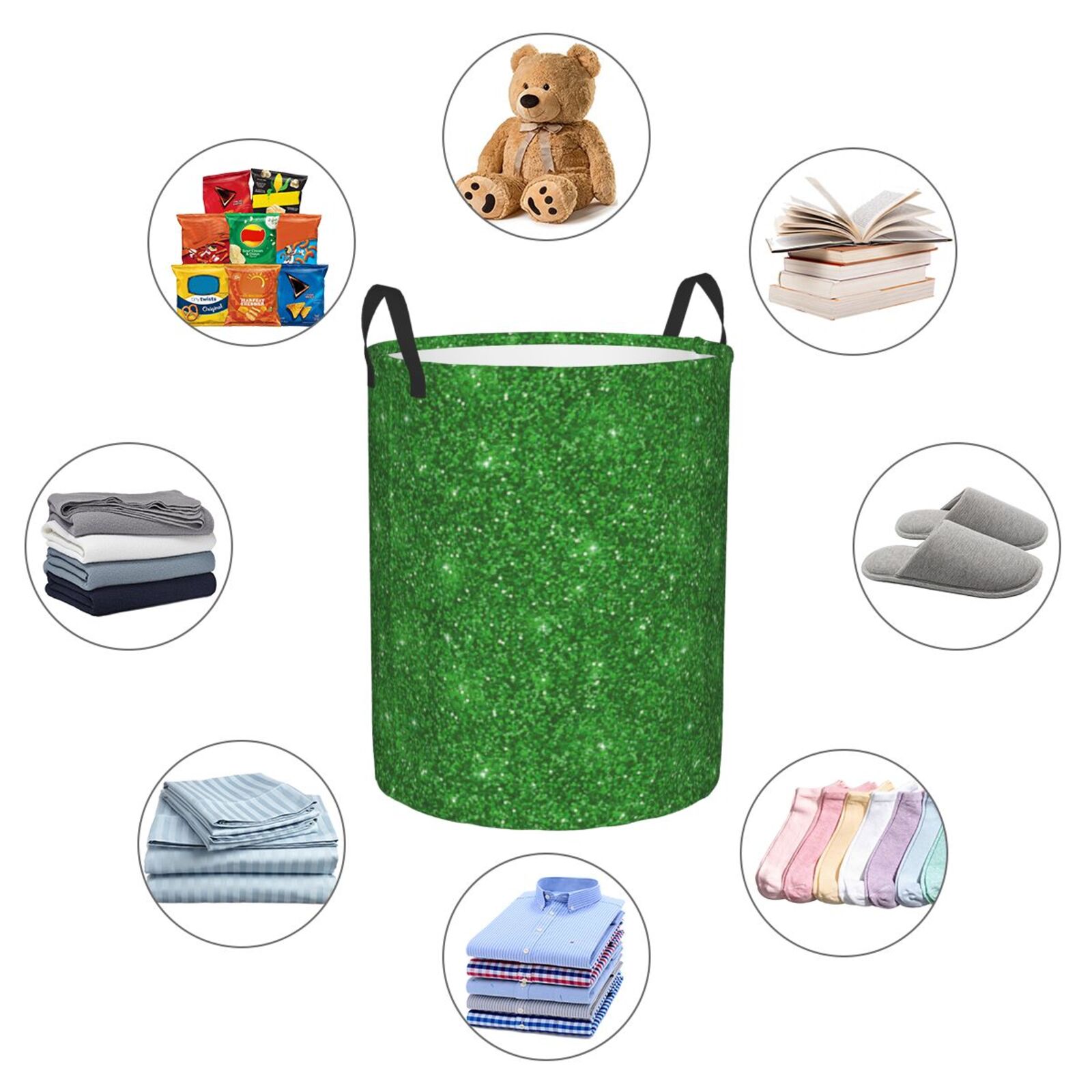 Large Laundry Basket with Handles - Green lightning Glitter B Kids Baby Dirty Clothes Laundry Hamper for Bedroom Aesthetic