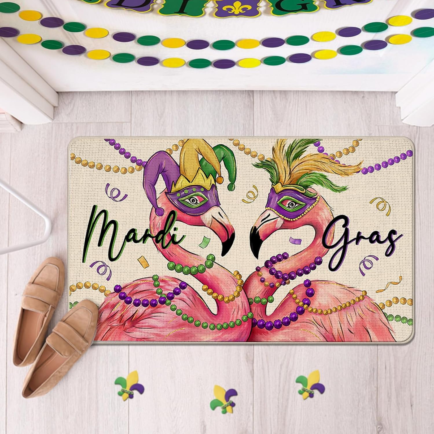 Mardi Gras Flamingo Decorative Front Door Mat, Mask Feather New Orleans Carnival Doormat Indoor Outdoor Non-Slip Floor Entryway Rug, Beads Masquerade Holiday Home Kitchen Decoration 17x30 Inch