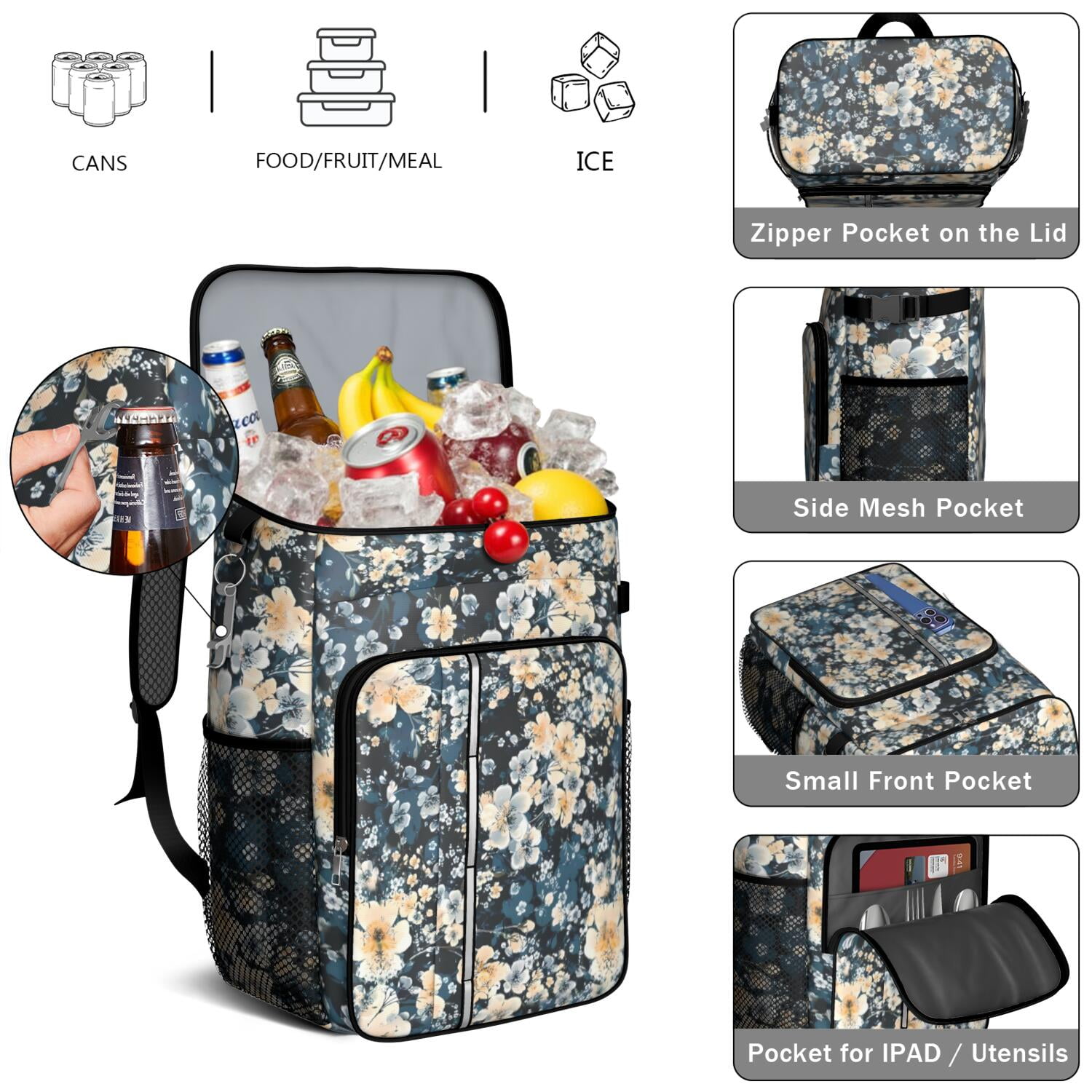 Travel Cooler Bag - Pioneer Flower Floral Print Pattern Camping Beer Cooler Backpack with Bottle Opener- Waterproof Insulated Picnic Backpacks - Cooler Bag for Beach