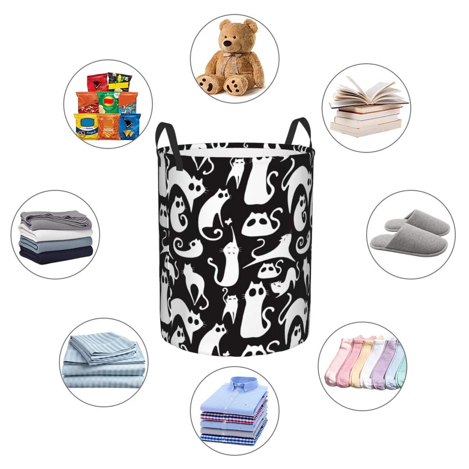 Large Laundry Basket with Handles - Abstract Cute Cat White Kids Baby Dirty Clothes Laundry Hamper for Bedroom Aesthetic