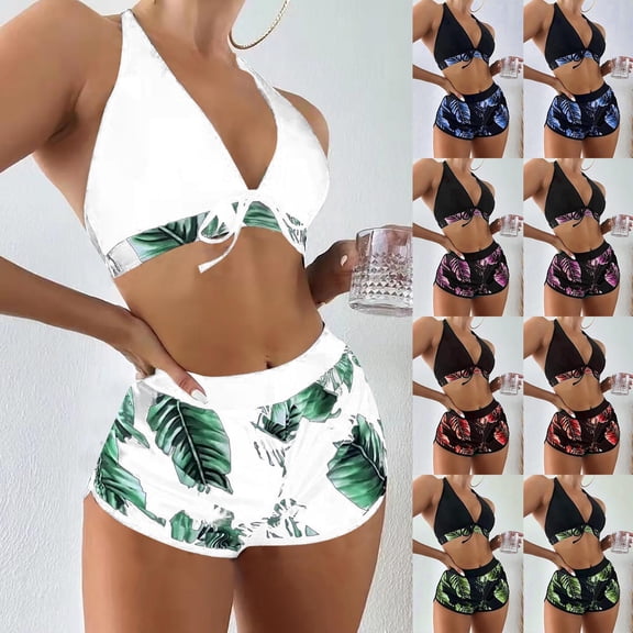 Jacenvly 2024 Bikini Swimsuits for Women Skin-Friendly Ladies Sling High Waist Shorts 3-Piece Swimsuit Split Multicolor Cozy Beach Dresses for Women Casual Summer Dark Blue