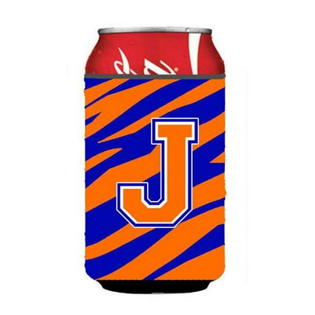 

Letter J Initial Monogram - Tiger Stripe - Blue Orange Can Or Bottle Hugger