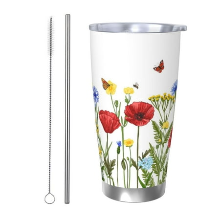 

Ocsxa Wild Herbs Pattern 20oz Travel Coffee Mug with Flip Lid Stainless Steel Insulated Insulated Coffee Mug Thermal Cup with Splash Proof Sliding Lid-Straw Two-piece Set