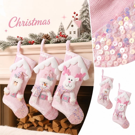 Pink Christmas Stockings with Sequin and Plush Santa Snowman Reindeer, 3-Pack, Pink, for Fireplace Decor, Christmas Decorations