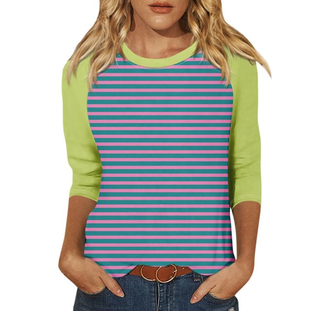 TSADFHJI Hauts de Vacances pour Femmes T-Shirt Décontracté à Rayures Manches 3/4 Confortable Col Rond pour Usage Quotidien S Jaune