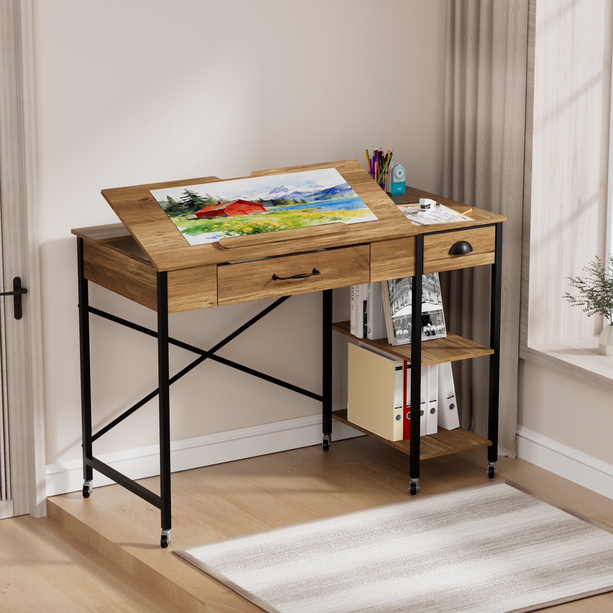 Alvin Creative Center White Base Onyx Table with Drafting Chair
