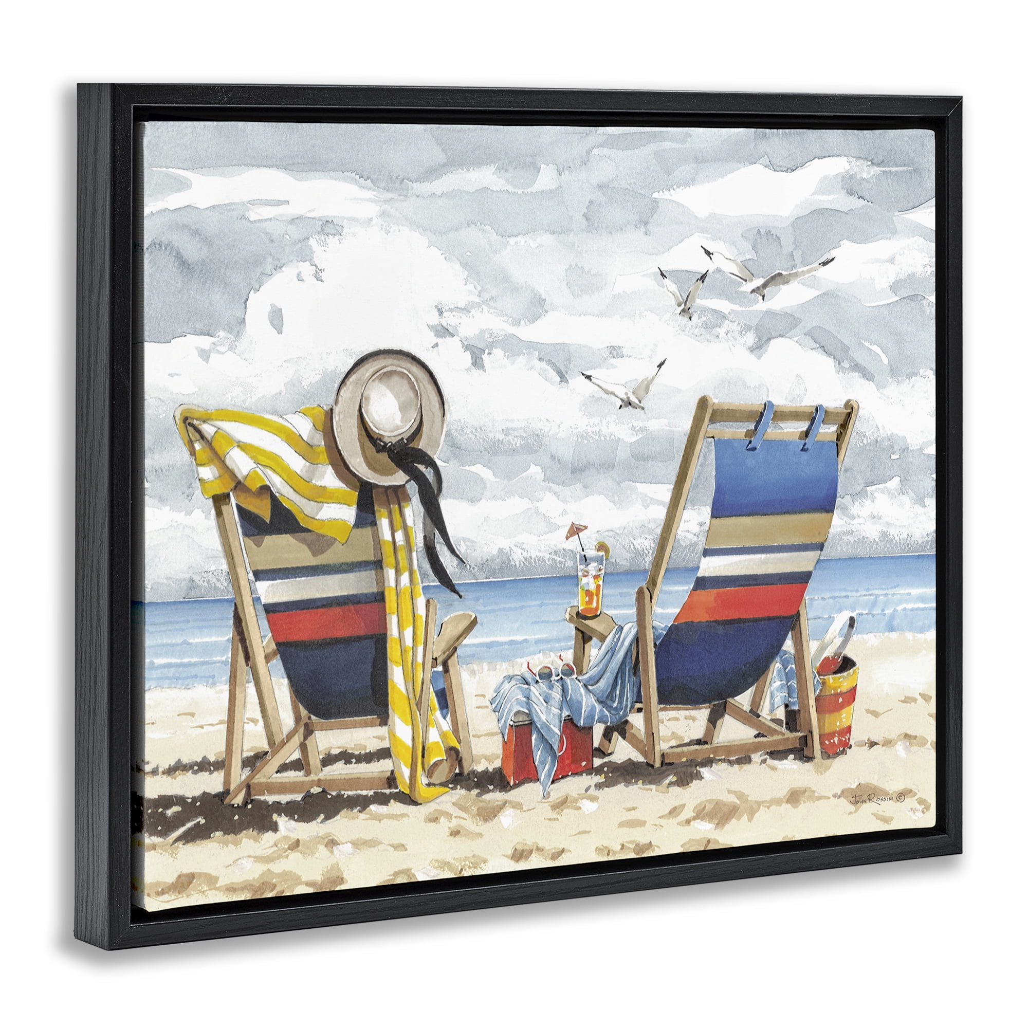 Stupell Industries Peaceful Beach Chairs Hangout Landscape & Nature Painting Black Floater Framed Canvas Art Print Wall Art, 21 x 17