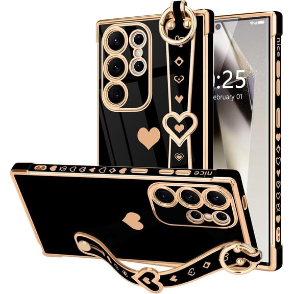 Samsung Galaxy S24 Ultra 5G Case with Cute Love-Heart Plating Strap, Bling Silicone Camera Protection, Shockproof Bumper Case (6.8")