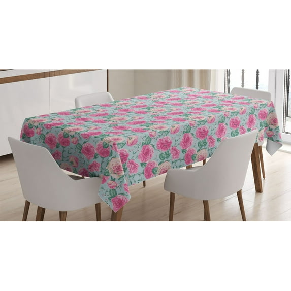 Vintage Rose Tablecloth, Grungy Look Flower Arrangement, Rectangle Satin Table Cover Accent for Dining Room and Kitchen, 60" X 84", Pale Blue Pink, by Ambesonne