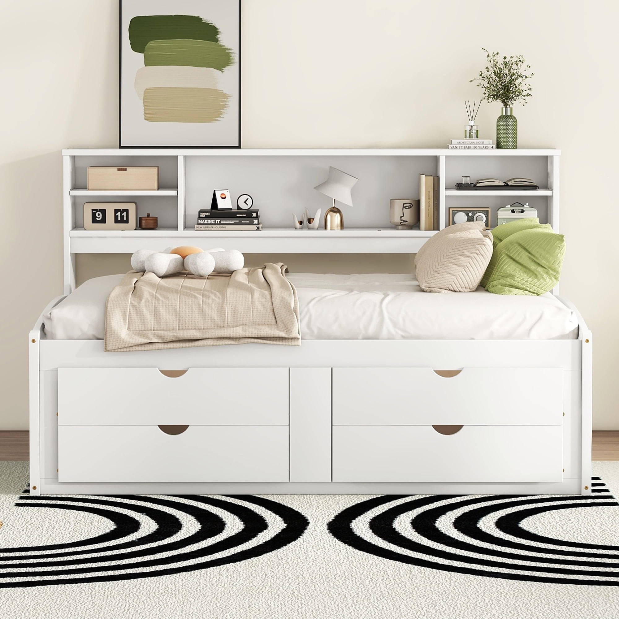 Mintazer Full Daybed Frame with Bookcase Headboard, Multifunctional Storage Bed with 4 Storage Drawers & Side Cabinet for Bedroom Guest Room, White