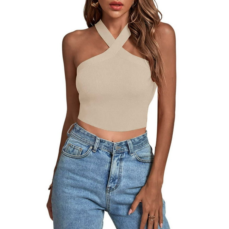 下着・アンダーウェア theredthread S bicolor knit camisole YYDGH Women's Criss Cross Halter Crop Top Ribbed Knit