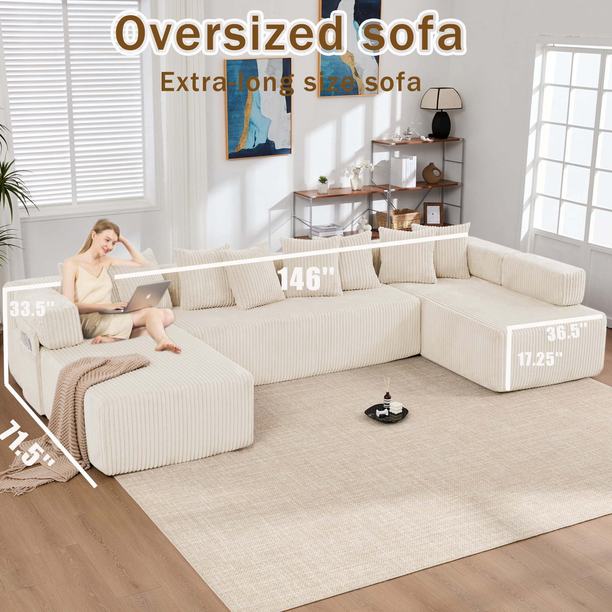 LLappuil 146" Sectional Sofa, U Shaped Sectional Couch with Chaise, 5 Seat Corduroy Sofa Convertible Sleeper Sofa Bed for Living Room Beige