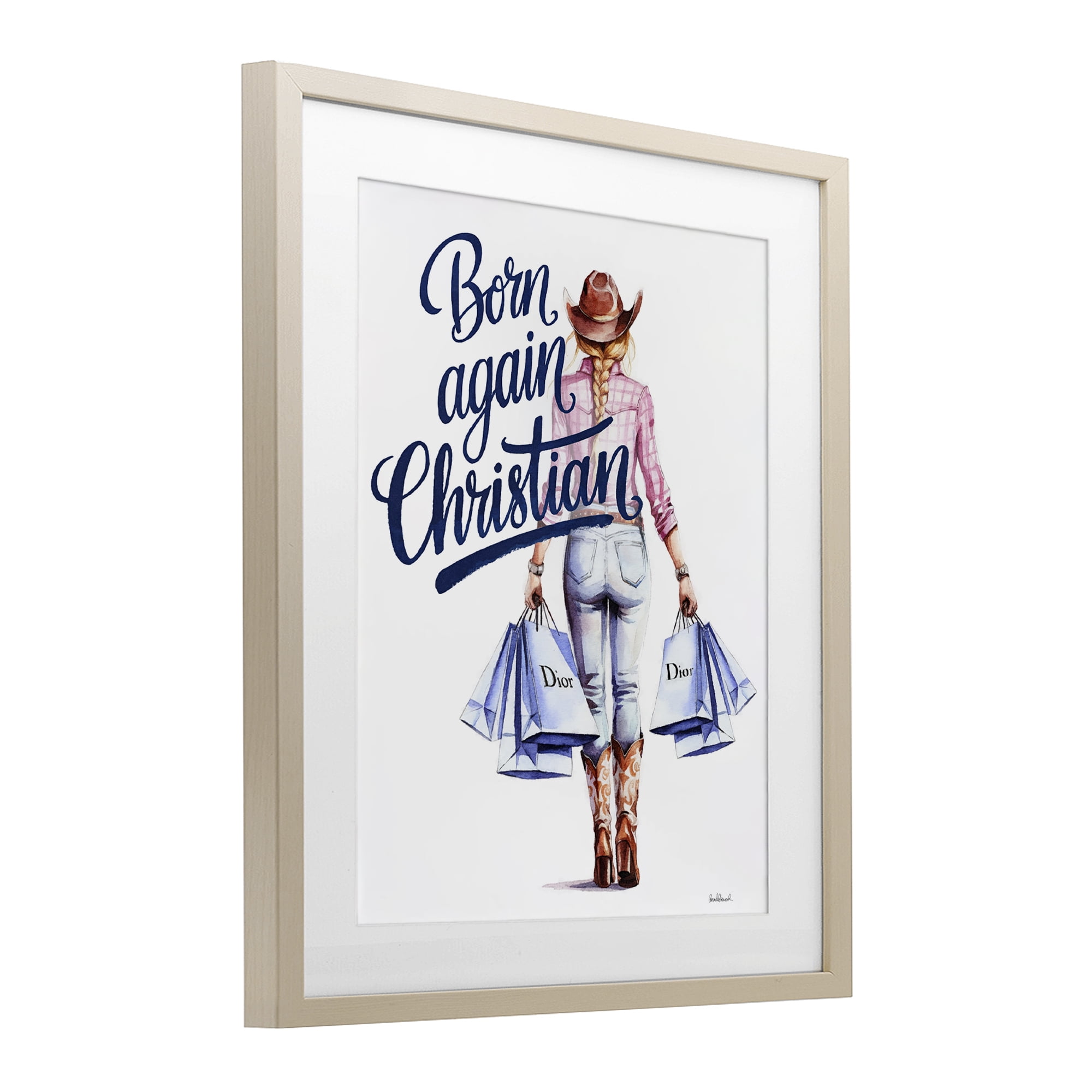 Born Again Christian Cowgirl Birch Framed Print Under Glass, design by Amanda Greenwood
