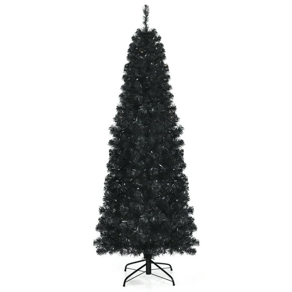 Topbuy 6ft Pre-lit Christmas Halloween Tree Hinged Artificial Pencil Tree w/ 618 PVC Branch Tips & 300 Warm White Lights