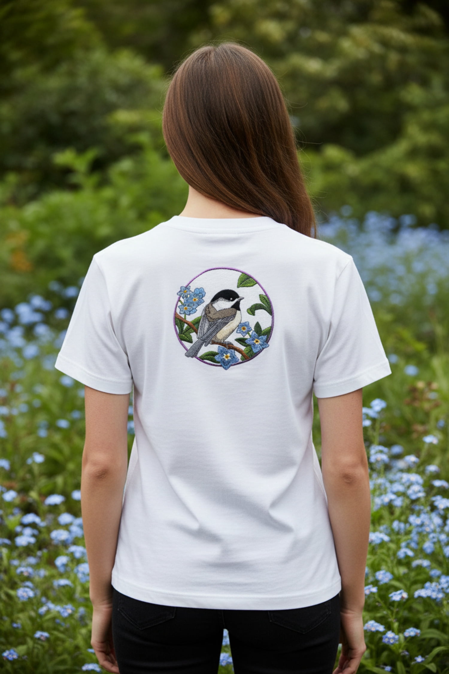 Chickadee  Forget-Me-Not Circle Embroidered Patch (5.85" x 6") – Delicate Nature Iron-On or Sew-On Design, USA Made