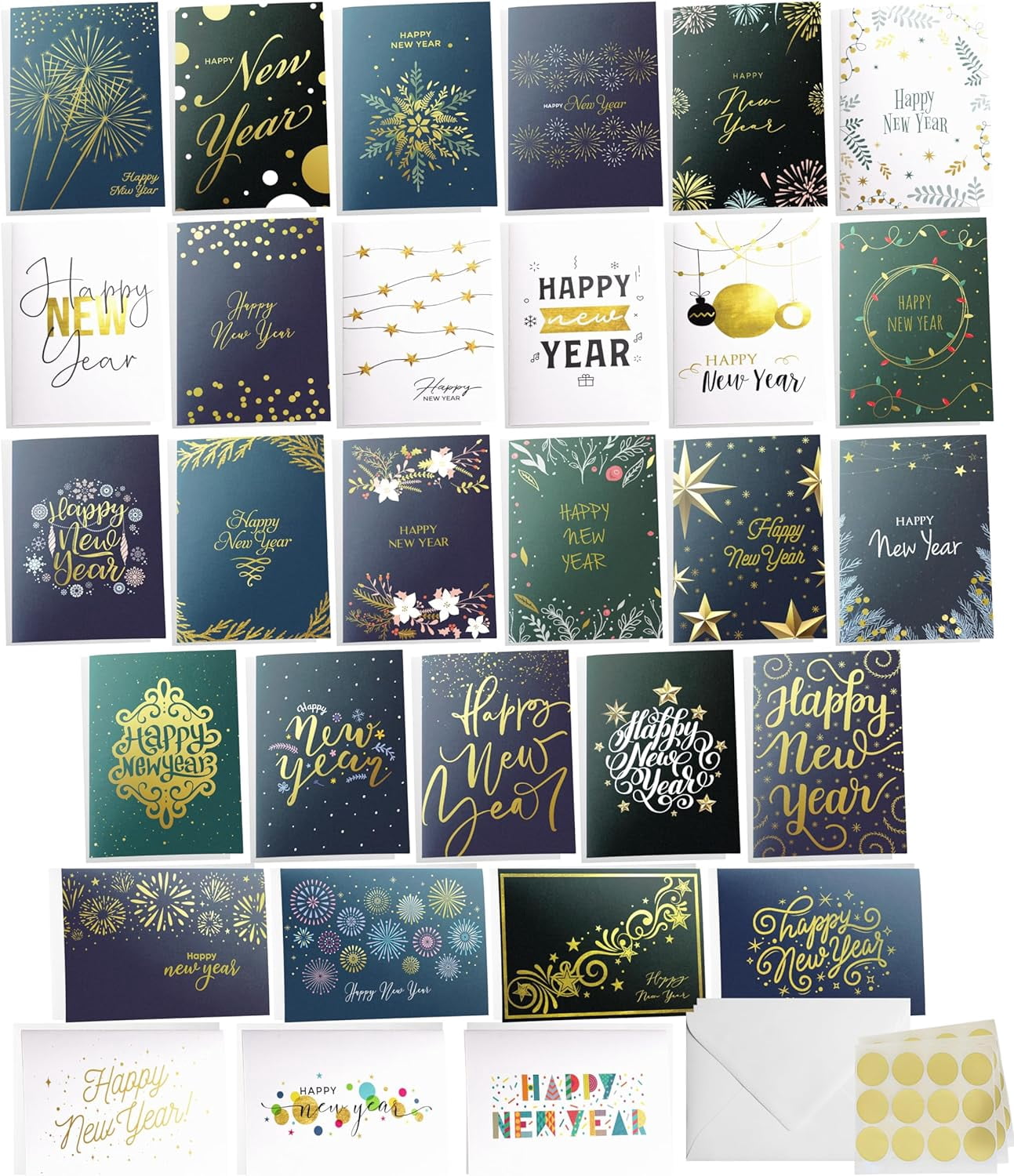 Dessie Boxed Happy New Year Cards – 30 Large 5x7 Cards with Gold Foil, 32 Envelopes & Box