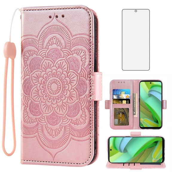 Asuwish Compatible with Motorola Moto G Power 5G 2023 Wallet Phone Case and Tempered Glass Screen Protector Flip Credit Card Holder Stand Mandala Flower Cell Cover for GPower G5 Women Men Pink
