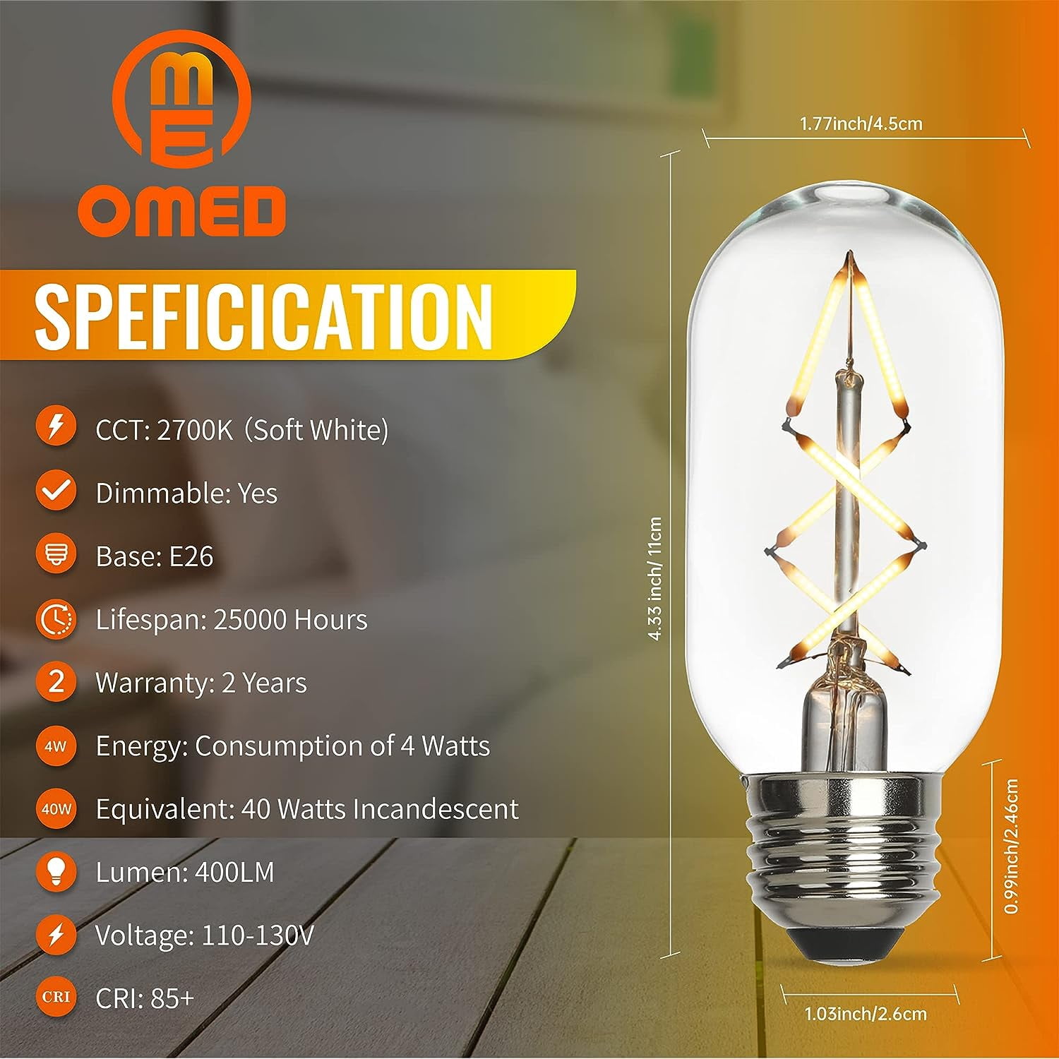 OMED Fishbone LED Filament Vintage Edison Light Bulbs, T45/T14 E26 4W Antique Tubular Light Bulbs 40 Watt Equal, 400LM 2700K Soft White Spiral Retro Tube Light Bulbs, Clear Glass, 6 Pack