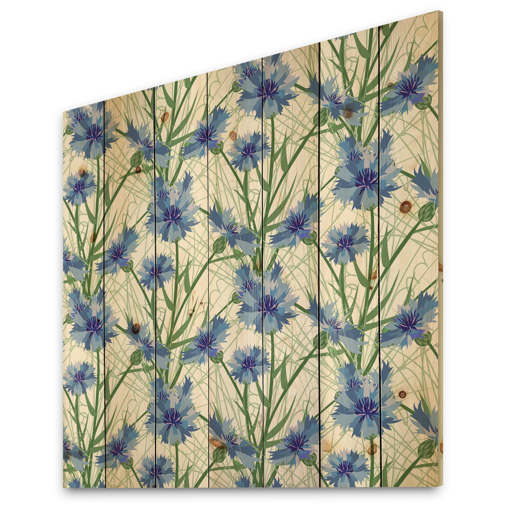Designart 'Blue Cornflowers With Green Leaves On White I' Traditional Print on Natural Pine Wood