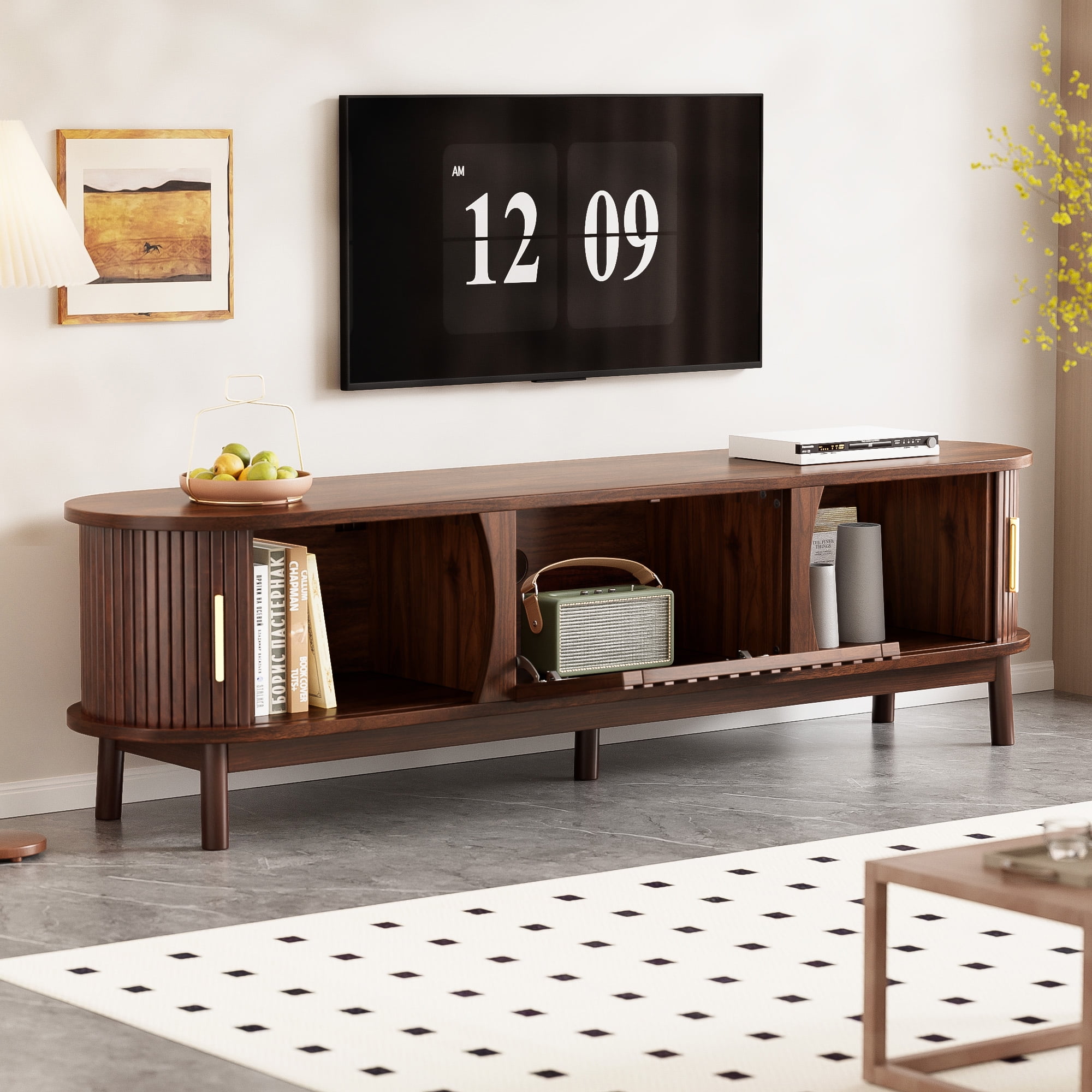 Modern Farmhouse TV Stand for 75" TVs, Wood Entertainment Center with Storage Cabinet, TV Console Table for Living Room, Bedroom