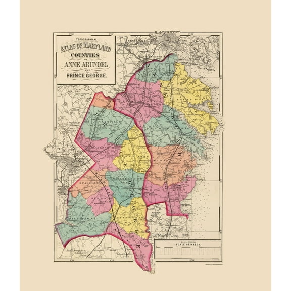 Historic County Map - Prince George Anne Arundel Counties Maryland - Martenet 1873 - 23 x 26.58 - Vintage Wall Art