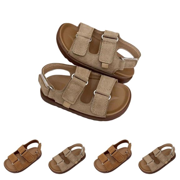 Walking Sandals Boys Girls Faux Leather Anti-Slip Adjustable Buckle Comfortable Beach Sandals Open Toe Low Heel Khaki 1.5(34)