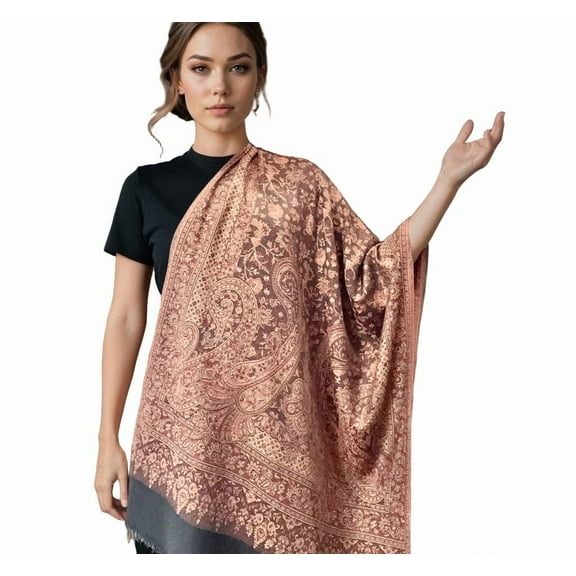 Pashmina Shawl, Reversible Design Unisex Silk and Wool Shawl Wraps Scarf, Black, Gold pattern, Full size 28x82
