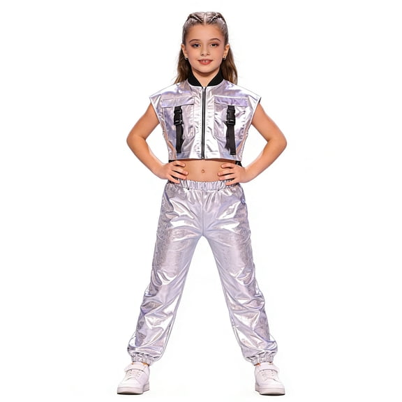 TiaoBug Kids Girls Hip Hop Dance Outfit Jazz Performance Metallic Crop Top and Pants Set Dancewear Silver 10