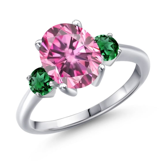 Gem Stone King 925 Sterling Silver Ring Oval Pink Moissanite and Nano Emerald Green (3.42 Cttw, Size 9)