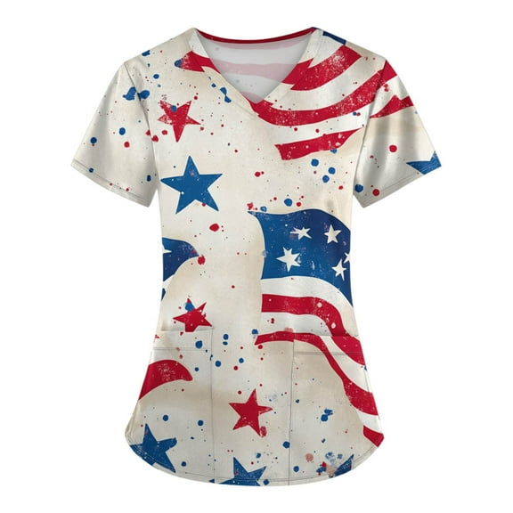 Womens Summer Tops Trendy, Scrubs For Women Tops 4Th Of July V Neck Short Sleeve Workwear With Pockets Red White And Royal Blue American Flag Top Scrub Stretchy Tank Top (3XL, Beige) ZMTing