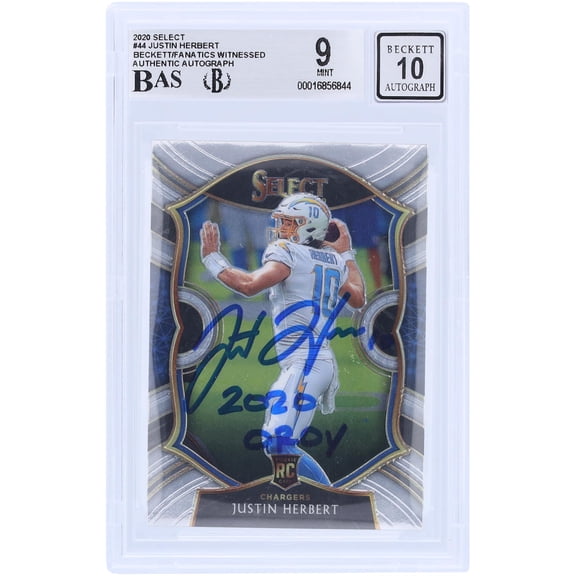 Justin Herbert Los Angeles Chargers Autographed 2020 Panini Select #44 Beckett Fanatics Witnessed Authenticated 9/10 Rookie Card with "2020 OROY" Inscription - Fanatics Authentic Certified