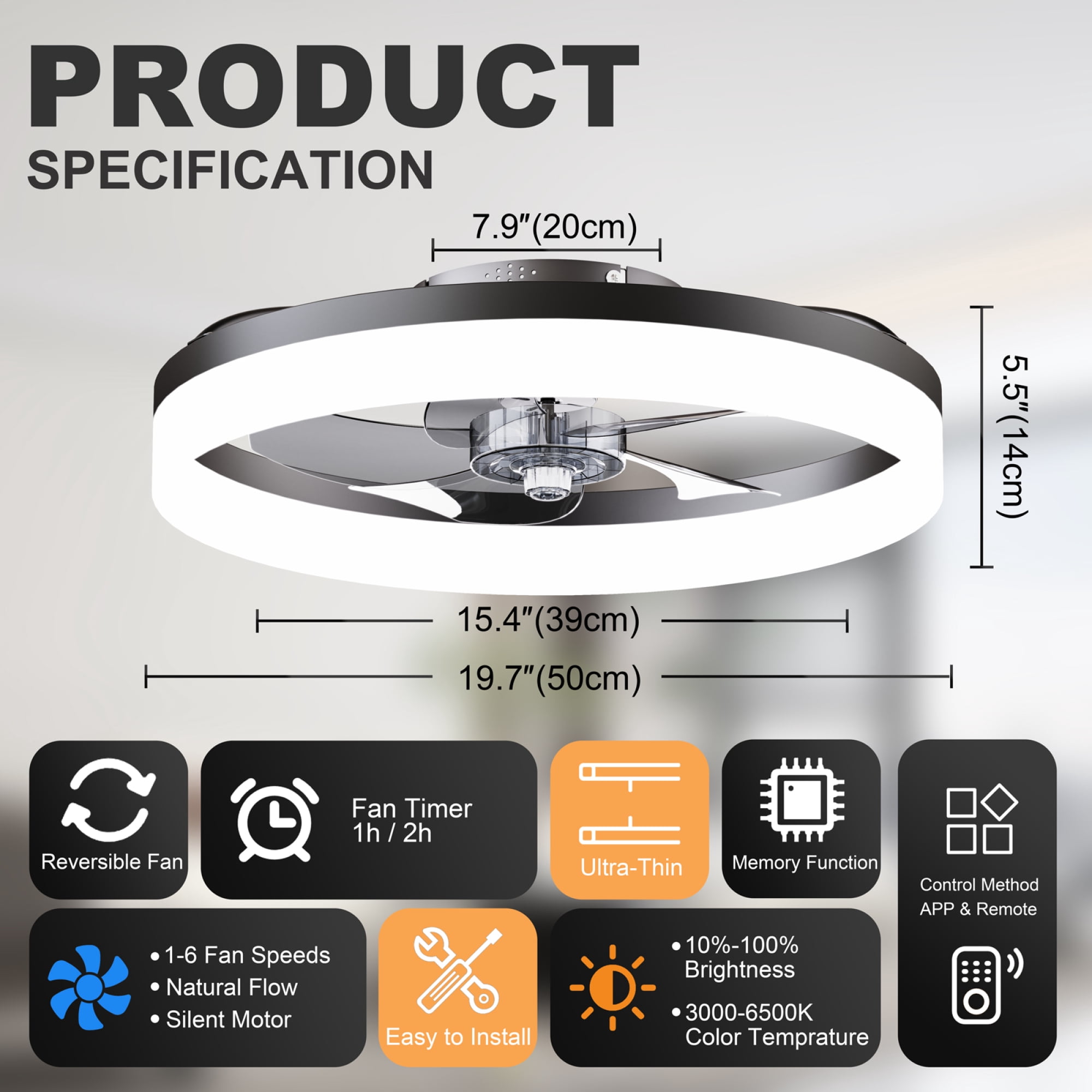 Leumius 19.7" LED Ceiling Fan Light with Remote and App Control, 6 Speeds, Dimmable, 3000K-6500K, Flush Mount Fandelier for Bedroom Black
