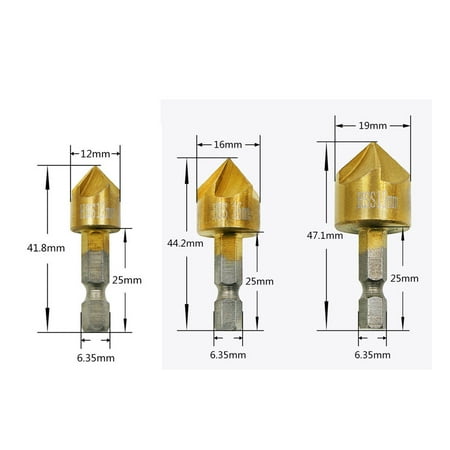 

lulshou 3 Pcs Flute Countersink Drill Bit Set Counter 12-19mm Sink Chamfer Cutter