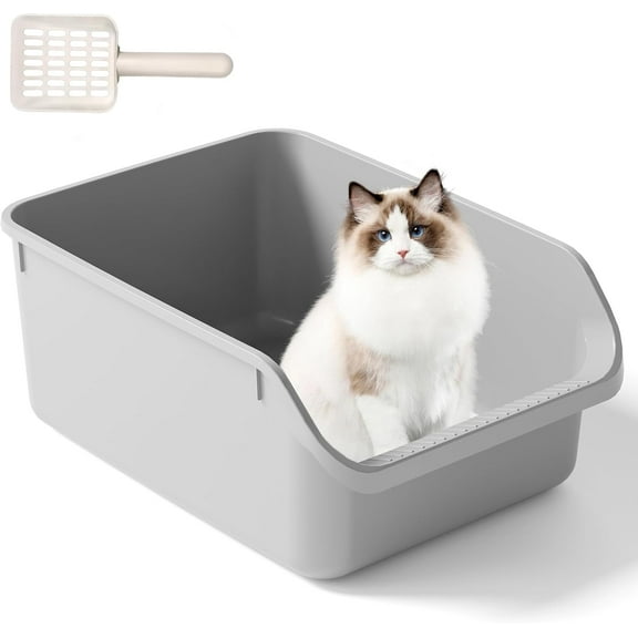 Large Cat Litter Box with High Side Cat Litter Pan Boxes for Indoor Cats Kitty Litter Box with Low Entry Open Top Entrance Anti-Splashing(Grey)