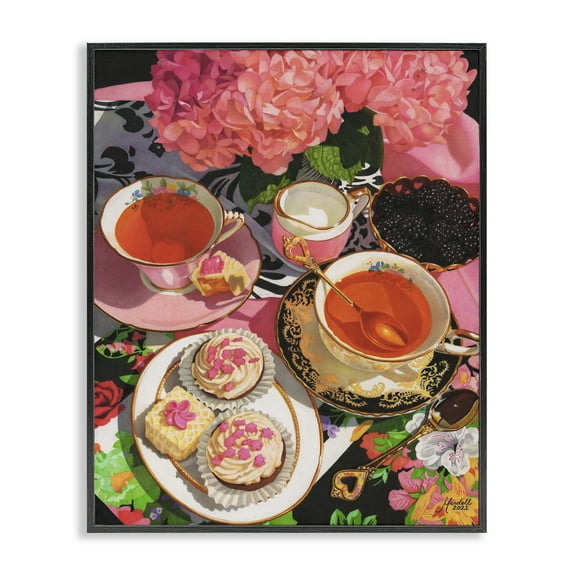 Stupell Industries Pink Hydrangea Tea Party Food & Beverage Painting Black Framed Art Print Wall Art, 11 x 14