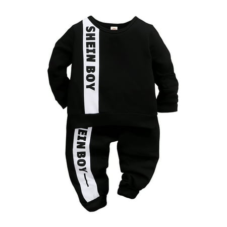 

12 Months Baby Boy Casual Outfits Pants Sets 18 Months Long Sleeve Letter Prints Tops Elastic Plaid Pants 2PCS Set Black