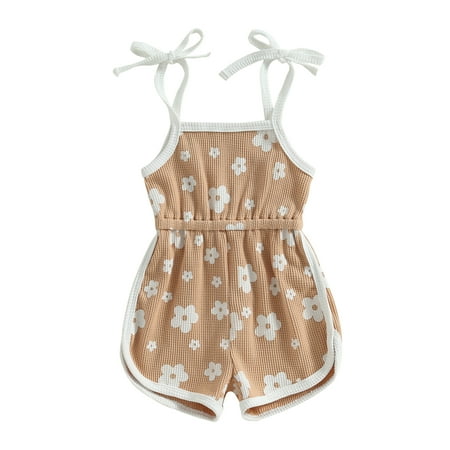 

Gwiyeopda Toddler Baby Kid Girls Jumpsuit Tie-up Spaghetti Straps Flower Print Short Bodysuit Romper