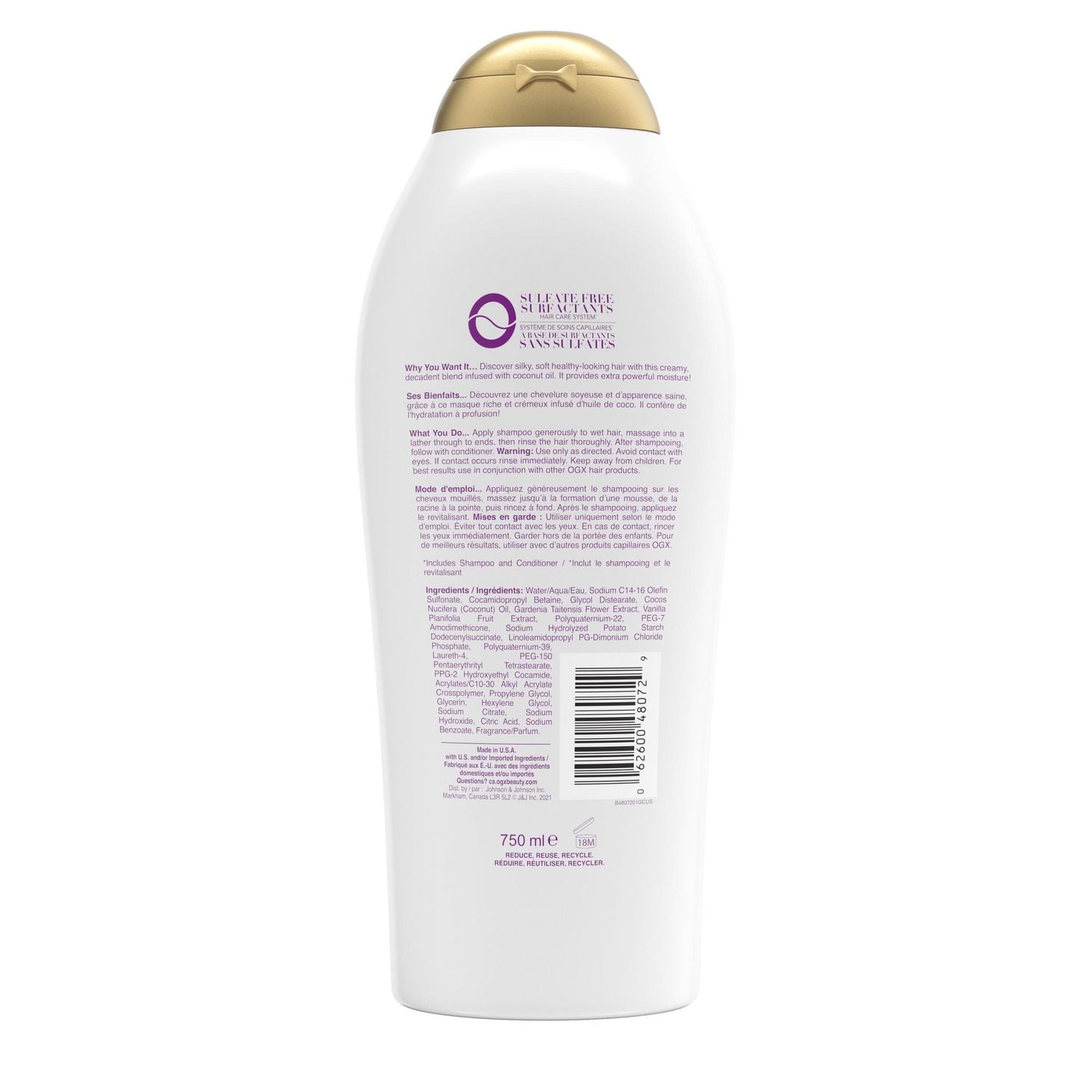 Shampooing OGX fortifié Damage Remedy + Coconur miracle oil, cheveux secs/frisés, Sans parabènes ni surfactants sulfatés 750 ml