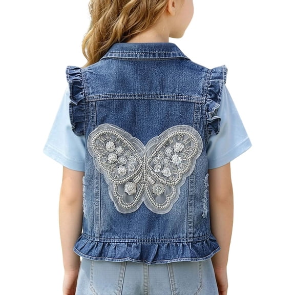 Girls Classic Blue Jean Vest Embroidered Little Bear Bow Toddler Outerwear Casual Cute Coat