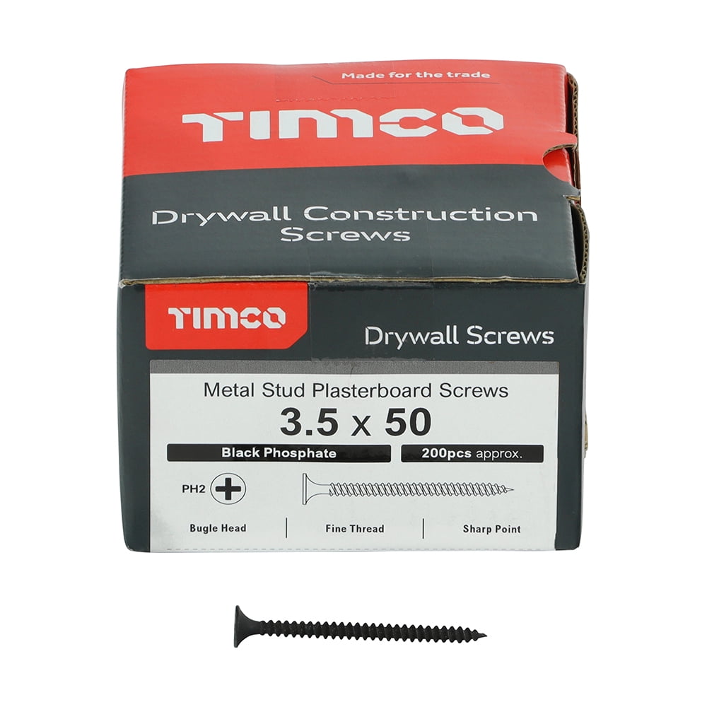 Timco - Drywall Metal Stud Plasterboard Screws - PH - Bugle - Fine Thread - Grey (Size 3.5 x 50 - 200 Pieces)