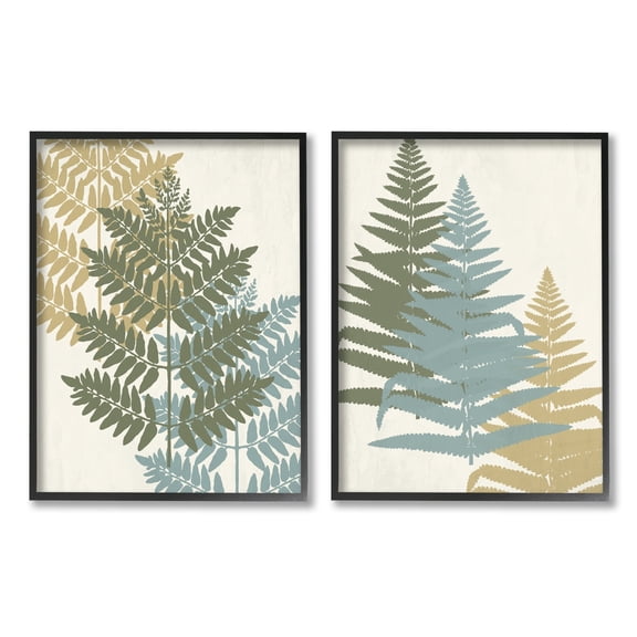 Stupell Industries Layered Fern Plants Botanical Leaves Muted Tones Graphic Art Black Framed Art Print Wall Art, Set of 2, Design by Kim Allen