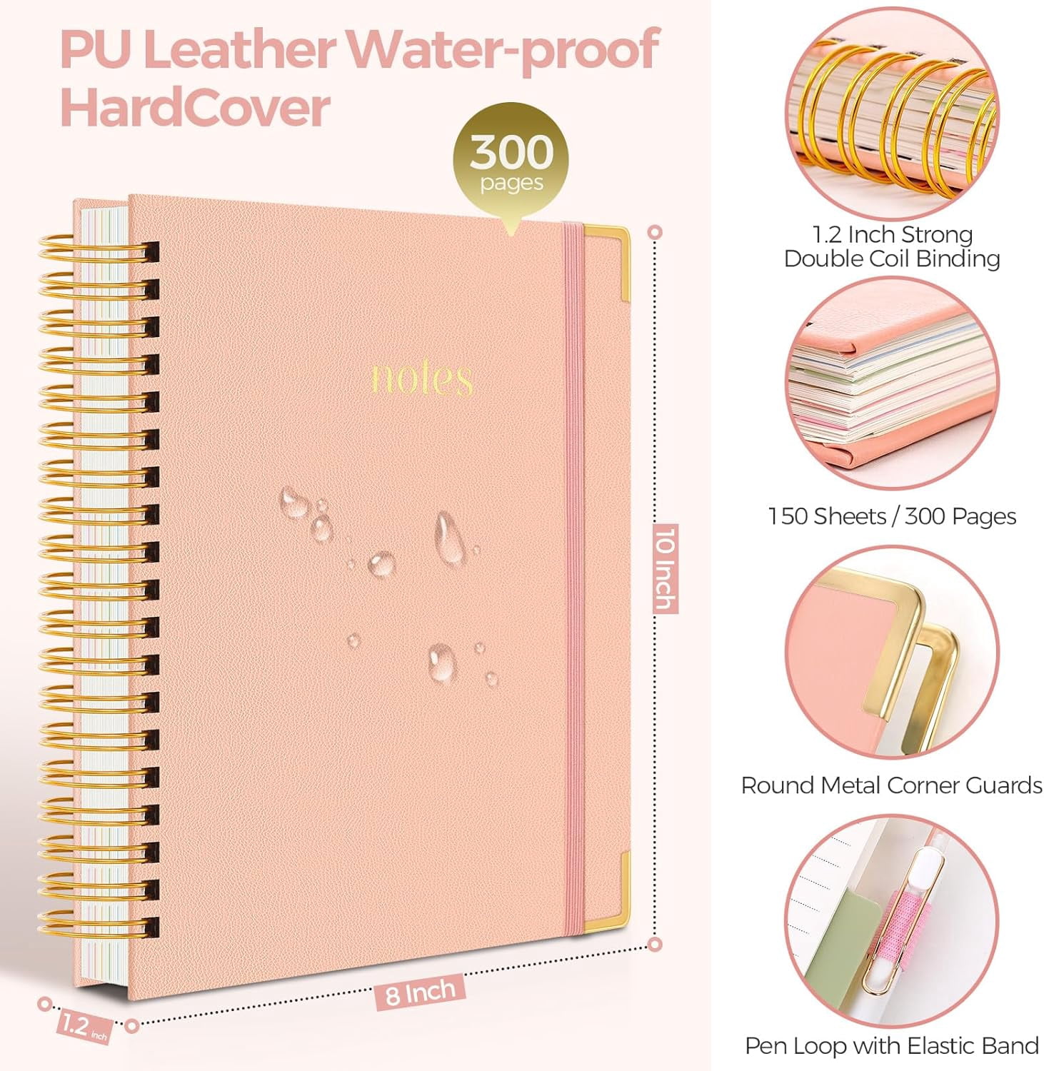 Hardcover Spiral Notebook, 300 Pages 8" x 10" College Ruled Notebook for Work with Dividers & Pockets, 5 Subject Notebook Journals for Women, Double Wire Bound, Tab Stickers Included, Pink
