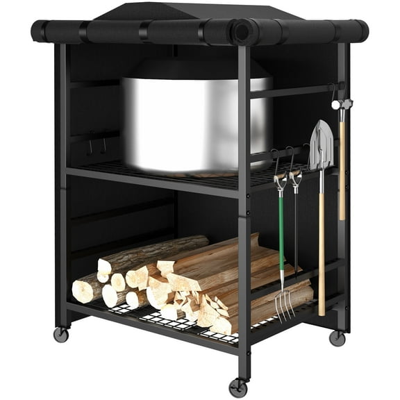 GIOTORENT 51.3" Mobile Fire Pit Storage Station - Rolling Metal Base with Wheels, Waterproof Cover, Firewood Rack & Adjustable Deck Protector, Universal Fit