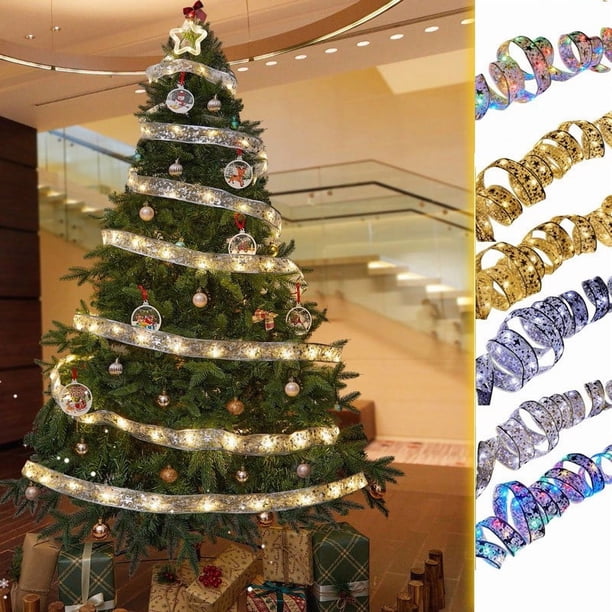 Decorar Guirnalda de luces navideñas con cintas doradas, diseño de doble capa, ideal para decoración navideña interior y exterior (1 unidad, 5 m) Rkxzt