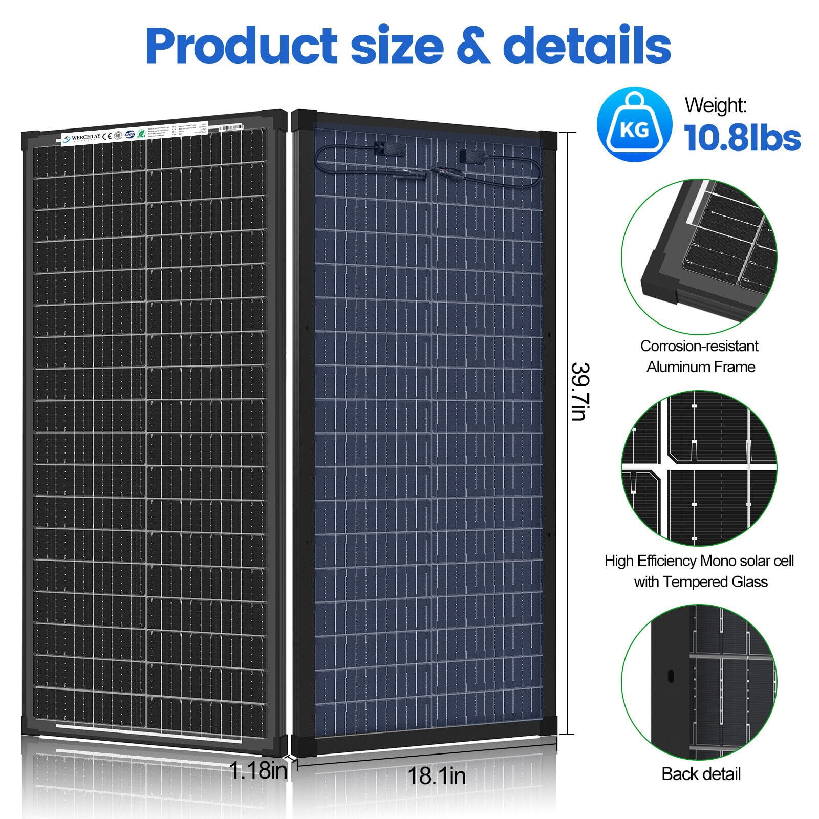100Watt Bifacial Solar Panel 12V Mono Home PV Power Off-Grid Boat Power Werchtay.