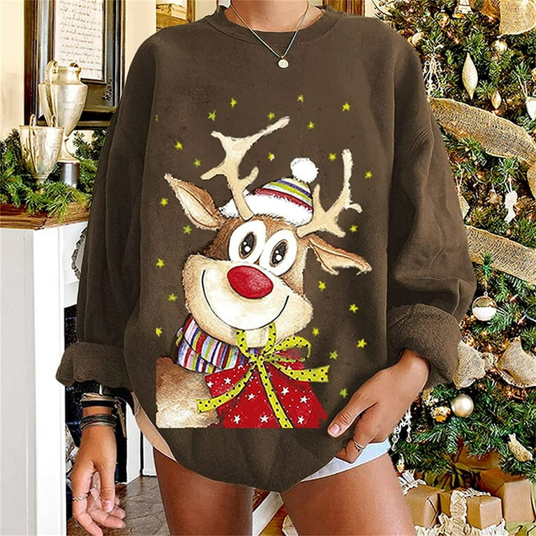 jsaierl Christmas Sweatshirt Women Long Sleeve Cute Elk Print Top Workout Crewneck Sweatshirt Graphic Pullover Womens Fall Fashion 2022